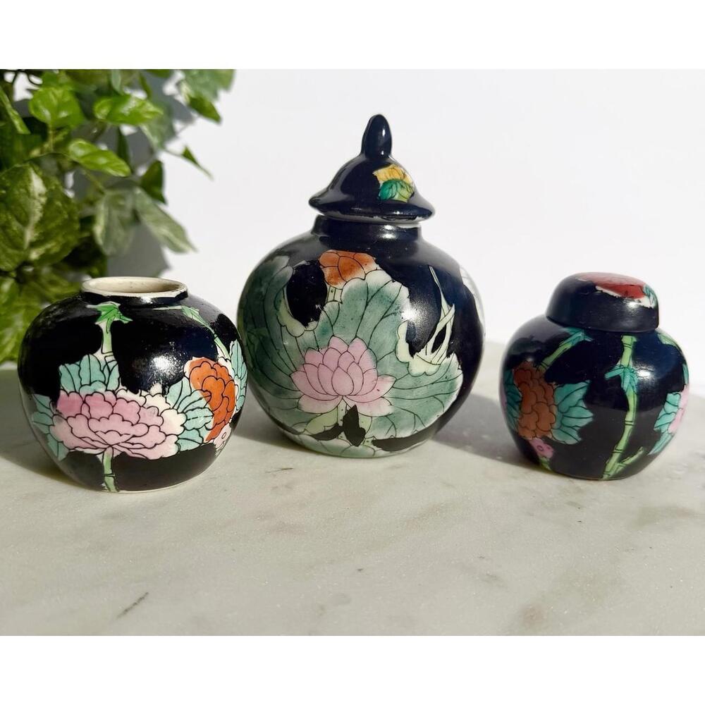 Chinese Ginger Jars Black Floral Accents Vintage Set Of 3 Hand Painted Bamboo